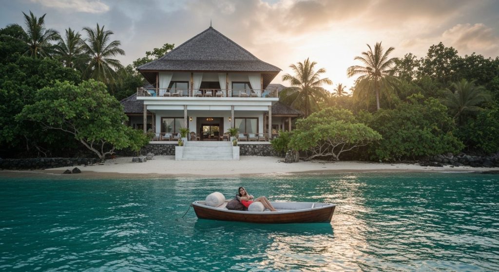 beachfront villa labuan bajo — Photorealistic editorial travel photograph relevant to: An independent luxury-villa guide