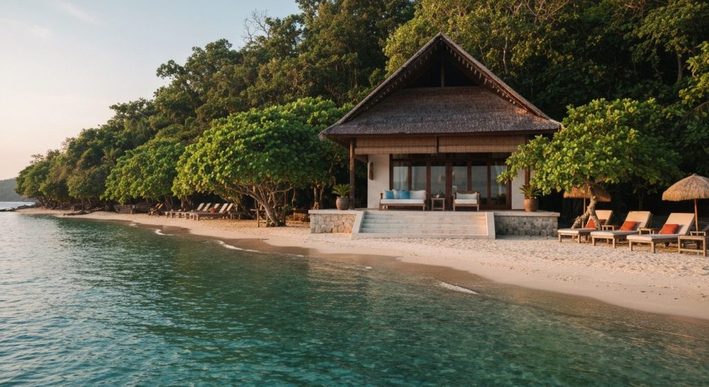 beachfront villa labuan bajo — Photorealistic editorial travel photograph relevant to: An independent luxury-villa guide
