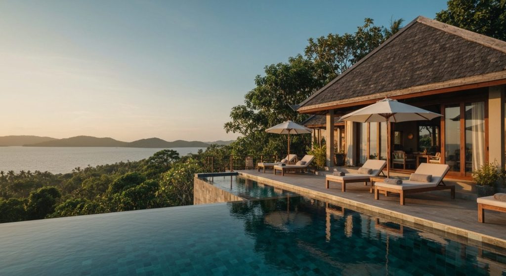 labuan bajo villa with infinity pool — Photorealistic editorial travel photograph relevant to: An independent luxury-vil